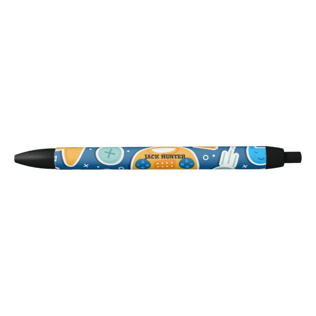 Gamers Blue Video Game Pattern Personalized Black Ink Pen (Front)