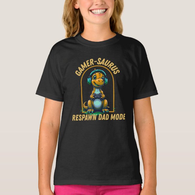 GamerSaurus, Cute Cartoon Dinosaur Gaming Design T-Shirt (Front)