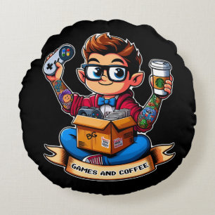 Games and coffee geek round pillow