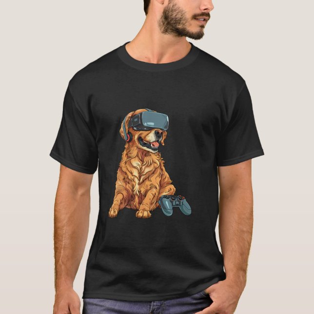 Gaming Animals- Golden Retriever Playing Console V T-Shirt (Front)