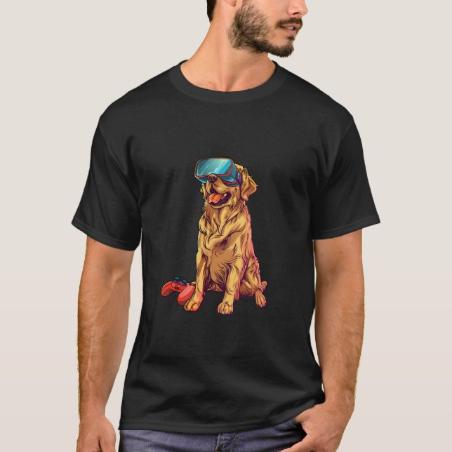 Gaming Animals- Golden Retriever Playing Console V T-Shirt (Front)