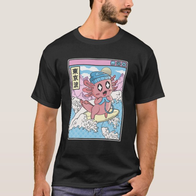 Gaming Axolotl Surfing Japanese Wave Pastel Kawaii T-Shirt (Front)