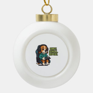 Gaming Beagle Cartoon Hoodie Gamer Dog Design Ceramic Ball Christmas Ornament