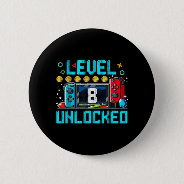 Gaming Boy Level 8 Unlocked 8th Birthday Video 2 Inch Round Button (Front)