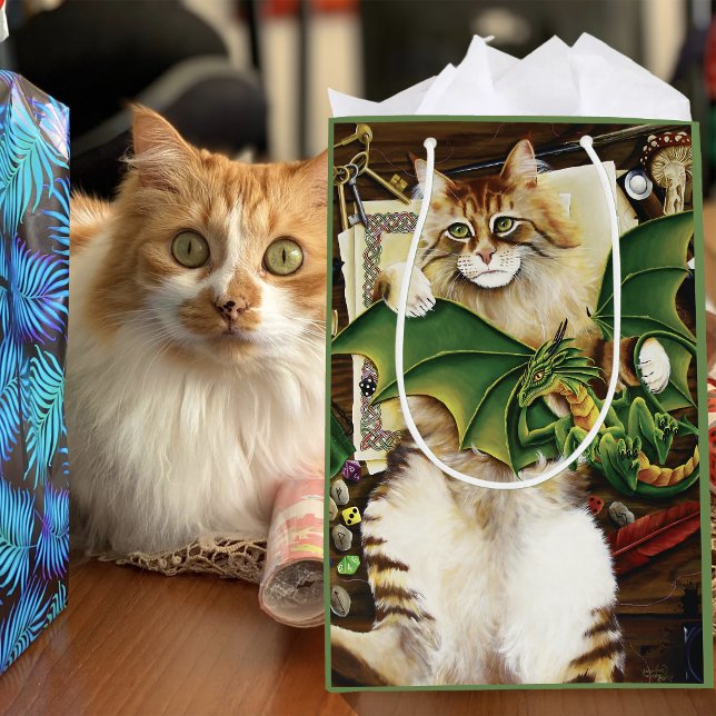  Gaming Fantasy Cat Green Dragon Dice Medium Gift Bag (Creator Uploaded)