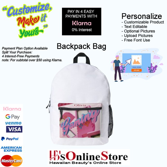 Gaming for Girls Backpack Customizable Name (Gaming for Girls Backpack Print Cut Sew School Bag.)