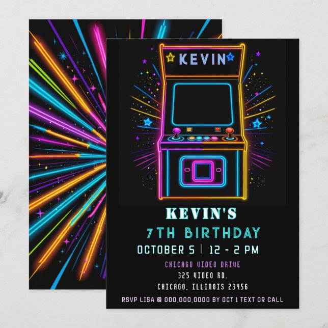Gaming Fun Neon Glow Arcade Birthday Invitation (Front/Back)
