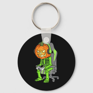 Gaming Halloween Skeleton Jack O Lantern Gamer Boy Keychain