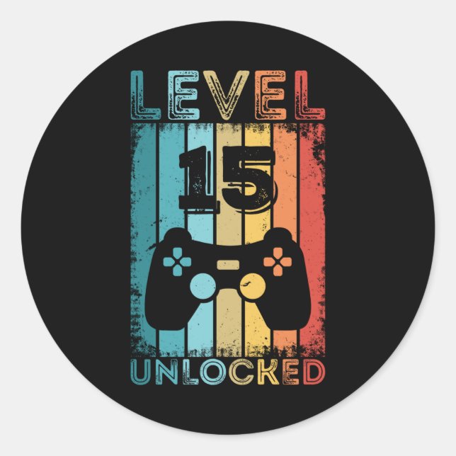 Gaming Level 15 Unlocked 15th Birthday Gift Gamer Classic Round Sticker (Front)