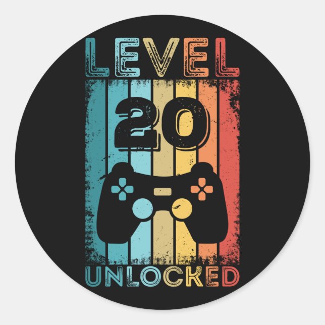 Gaming Level 20 Unlocked 20th Birthday Gift Gamer Classic Round Sticker (Front)