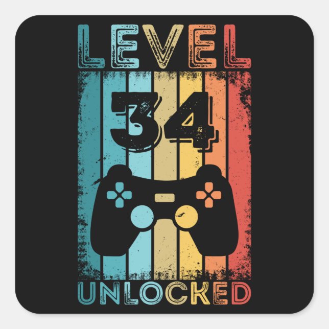 Gaming Level 34 Unlocked 34th Birthday Gift Gamer Square Sticker (Front)