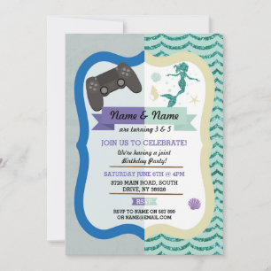 Gaming & Mermaid Joint Boy Girl Birthday Invites