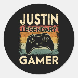 Gaming Personalized Name Justin Legendary Gamer Classic Round Sticker