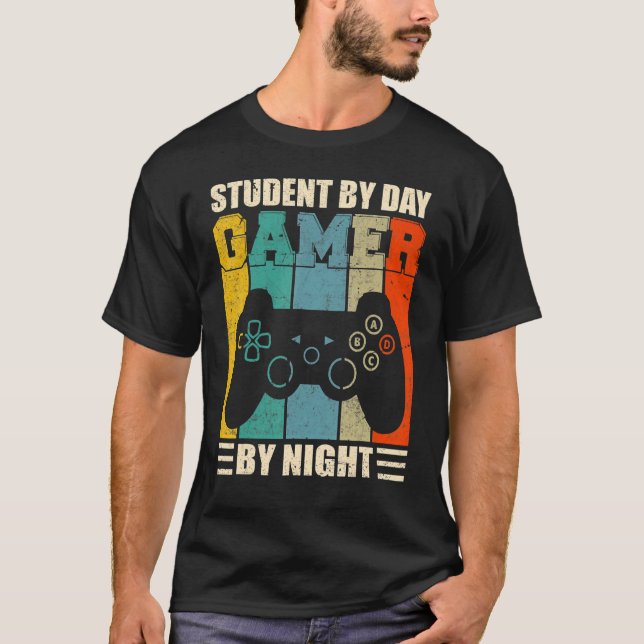 Gaming Sarcasm Retro Student By Day Gamer By Night T-Shirt (Front)