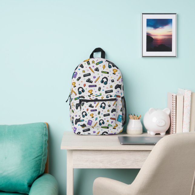 Gaming School Icons Pattern | Back to School Printed Backpack (Insitu)