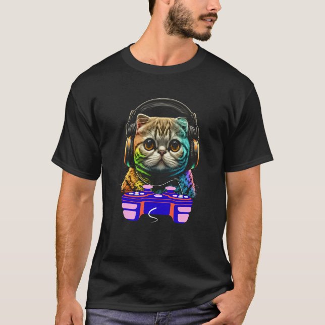 Gaming Scottish Fold Cat Player Animal Video Gamer T-Shirt (Front)