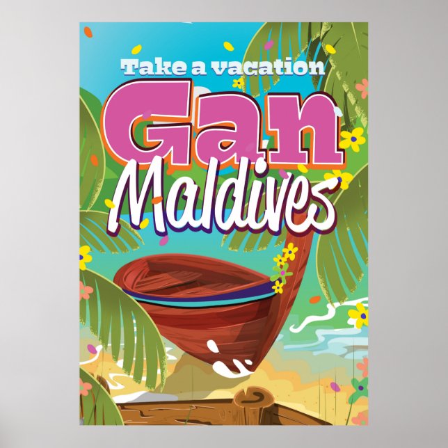 Gan Maldives island vintage travel poster art. (Front)