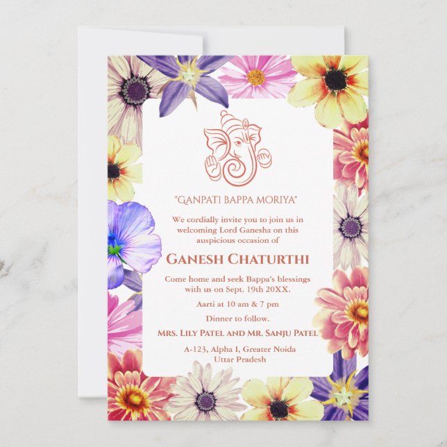 Ganesh Chaturthi Puja Floral Invitation (Front)