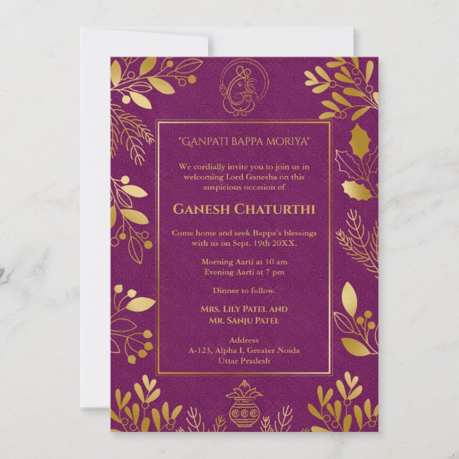 Ganesh Chaturthi Puja Golden Elements Invitation (Front)