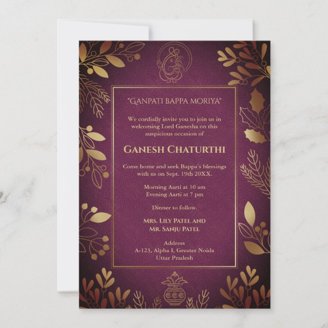 Ganesh Chaturthi Puja Golden Elements Invitation (Front)