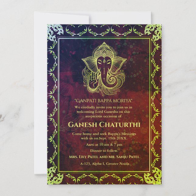 Ganesh Chaturthi Puja Roya Golden Elements Invitation (Front)