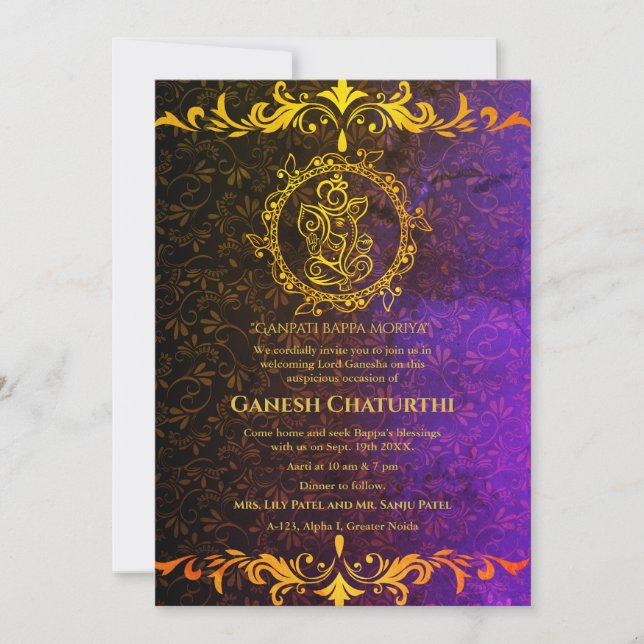 Ganesh Chaturthi Puja Roya Golden Elements Invitation (Front)