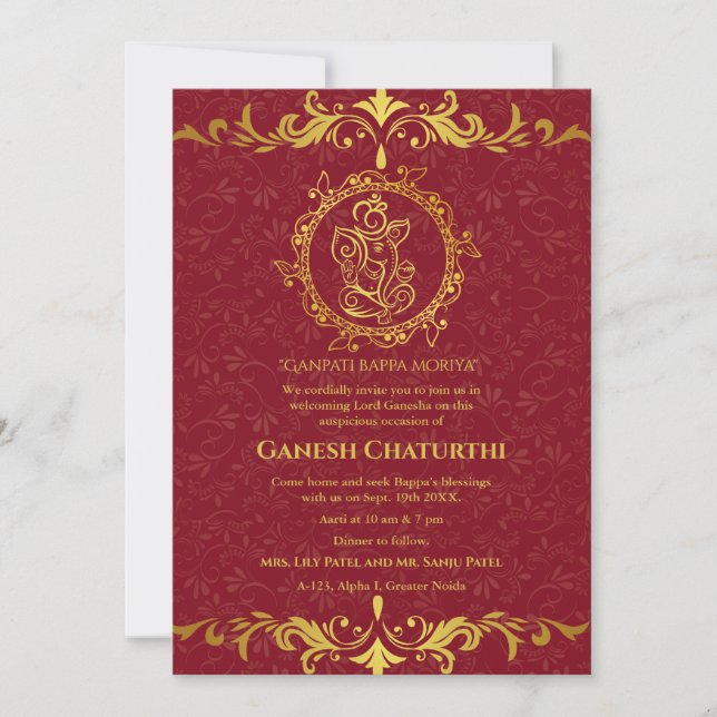 Ganesh Chaturthi Puja Roya Golden Elements Invitation (Front)