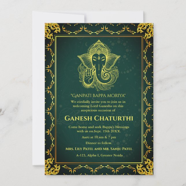 Ganesh Chaturthi Puja Roya Golden Elements Invitation (Front)