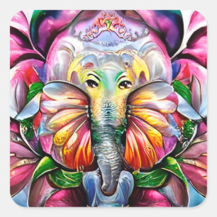 Ganesh Colourful Floral Lucky Pink Elephant Trippy Square Sticker