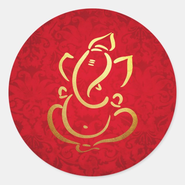 Ganesh | Ganpati | Indian God Damask Red Classic Round Sticker (Front)