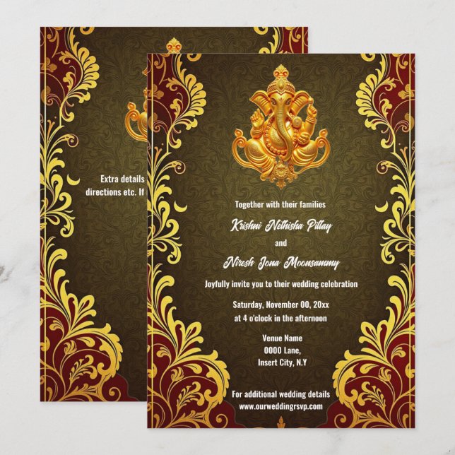 Ganesh gold green Indian traditional Hindi Hindu Invitation (Front/Back)