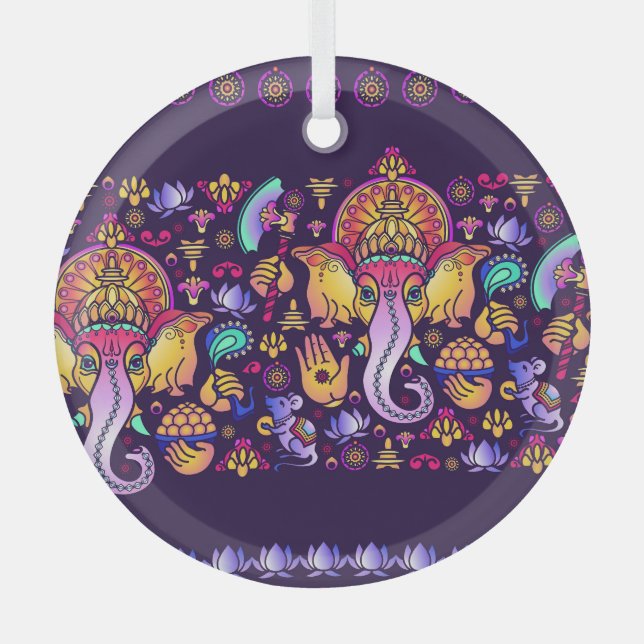 Ganesh Hindu God: Festive Seamless Glass Ornament (Front)