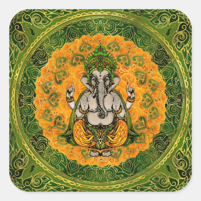 Ganesha in Marigold flowers and gold decoration Square Sticker (Front)