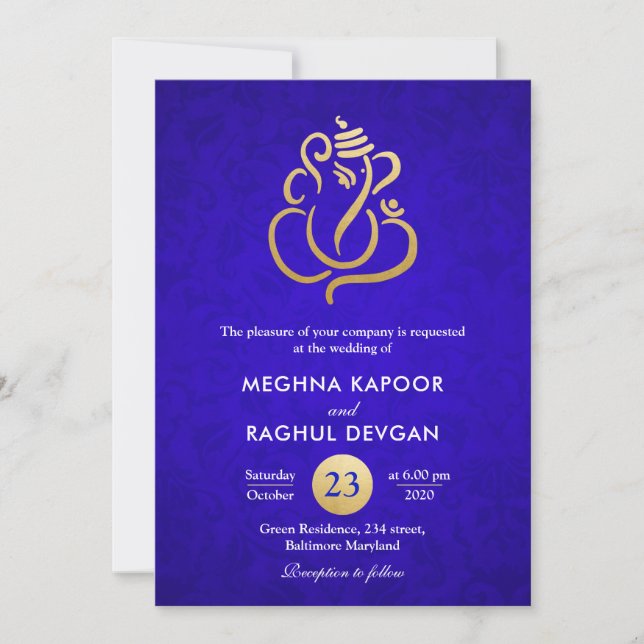 Ganesha/Indian Faux Gold Foil Blue Damask Wedding  Invitation (Front)