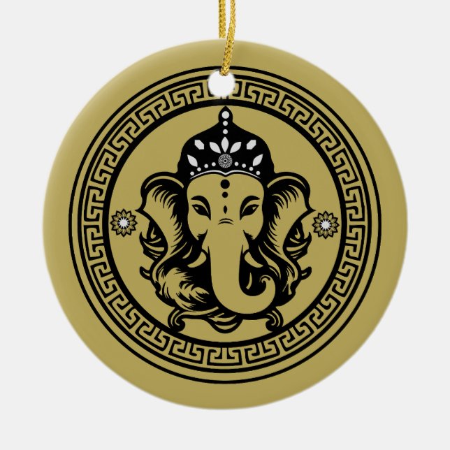 Ganesha Themed Hindu Art Print Ceramic Ornament (Front)