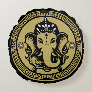 Ganesha Themed Hindu Art Print Round Pillow