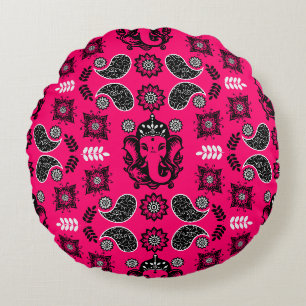 Ganesha Themed Hindu Art Print Round Pillow