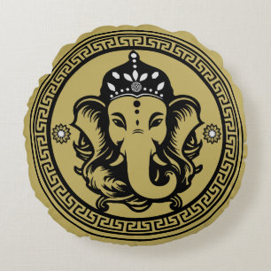 Ganesha Themed Hindu Art Print Round Pillow