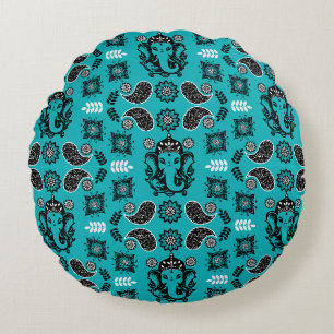 Ganesha Themed Hindu Art Print Round Pillow