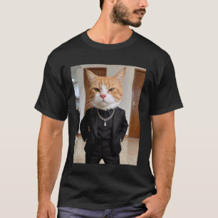 Gangster Cat Black Suit Chain Boss Attitude Orange T-Shirt