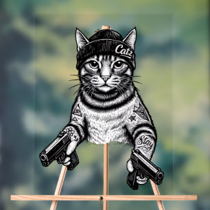 Gangster Cat Tattoo Art   Cool Streetwear Kitty Acrylic Sign