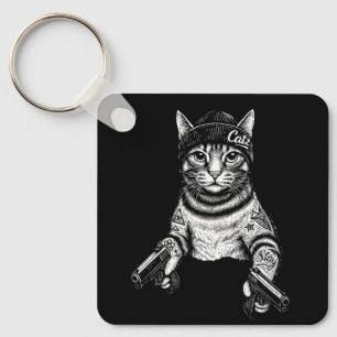 Gangster Cat Tattoo Art   Cool Streetwear Kitty Keychain