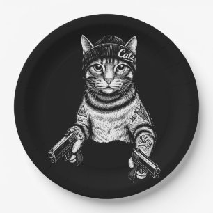 Gangster Cat Tattoo Art Cool Streetwear Kitty Paper Plate