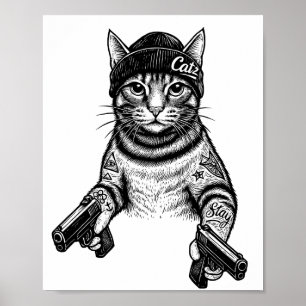 Gangster Cat Tattoo Art   Cool Streetwear Kitty Poster