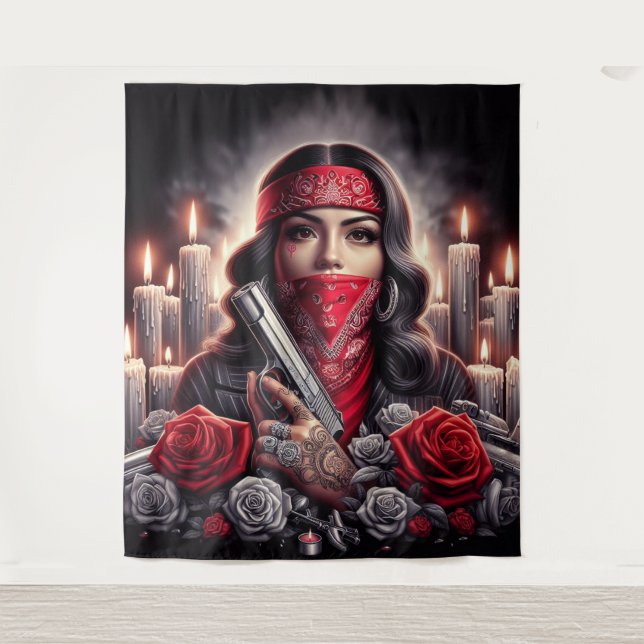 Gangster Girl Hip Hop chicano art graphic Tapestry (Front)