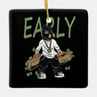 Gangster man showing bragging money spread gold ceramic ornament