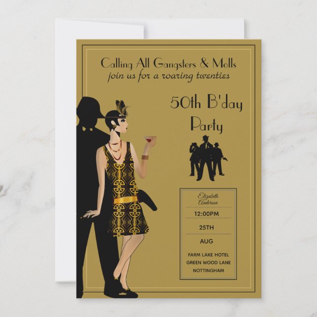 Gangster Moll 1920s Flapper Black Gold 50th Party Invitation (Front)