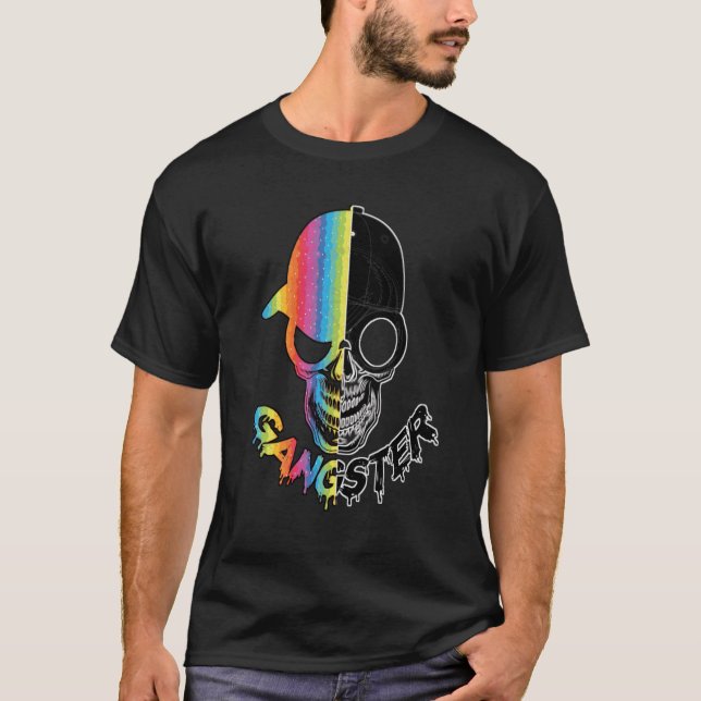 Gangster Skull Black And Half Rainbow Colour T-Shirt (Front)