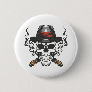 Gangster skull with fedora hat 2 inch round button