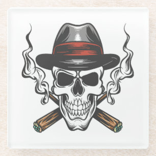 Gangster skull with fedora hat glass coaster